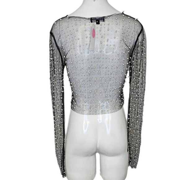 Honey Hot & Delicious Long Sleeve Pearl Rhinestone Sheer Crop Top, Black, Size S - Picture 2 of 8